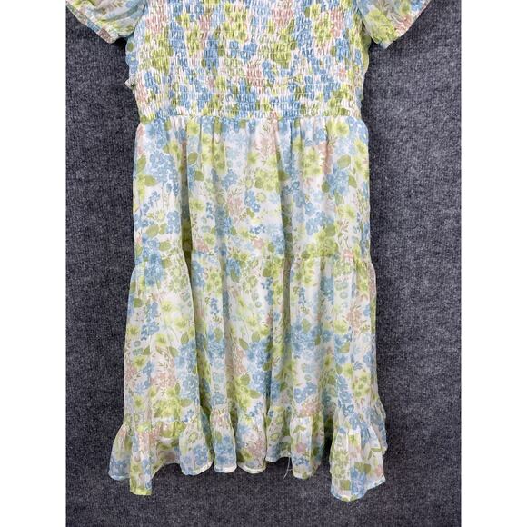 Maden NYC Junior's Green and Blue Floral Smocked Cut-out Mini Dress Puff Sleeve - Picture 9 of 12